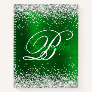 Silver Glitter Emerald Green Foil Fancy Monogram Notebook