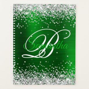 Silver Glitter Emerald Green Foil Fancy Monogram Planner