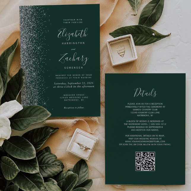 Silver Glitter Emerald Green QR Code Wedding Invitation (Creator Uploaded)
