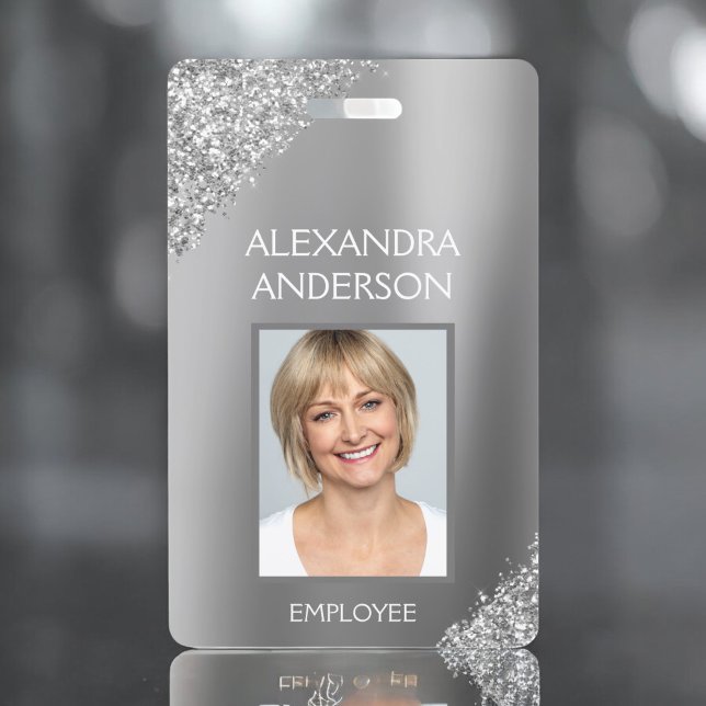 Silver Glitter Employee Name Photo Corporate ID Badge (Creator Uploaded)