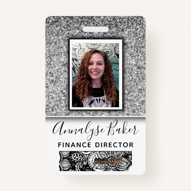 Silver Glitter Employee Nurse Doctor Photo Name ID Badge (Front)