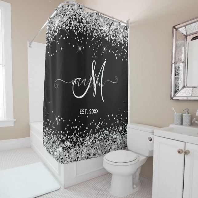 Silver Glitter Family Monogram Black Shower Curtain (In Situ)