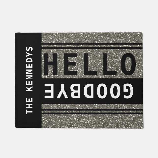 Silver Glitter Family Name Hello Goodbye Doormat (Front)
