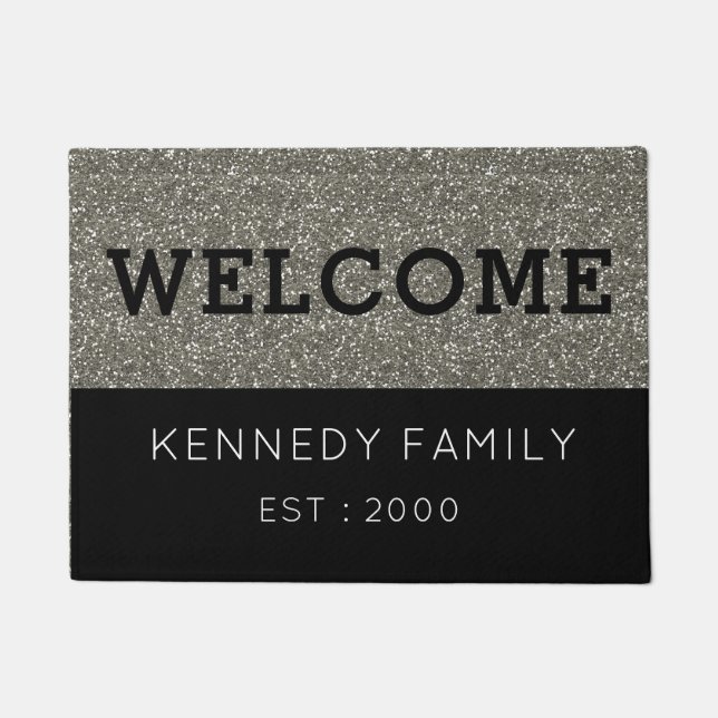 Silver Glitter Family Name Welcome Doormat (Front)