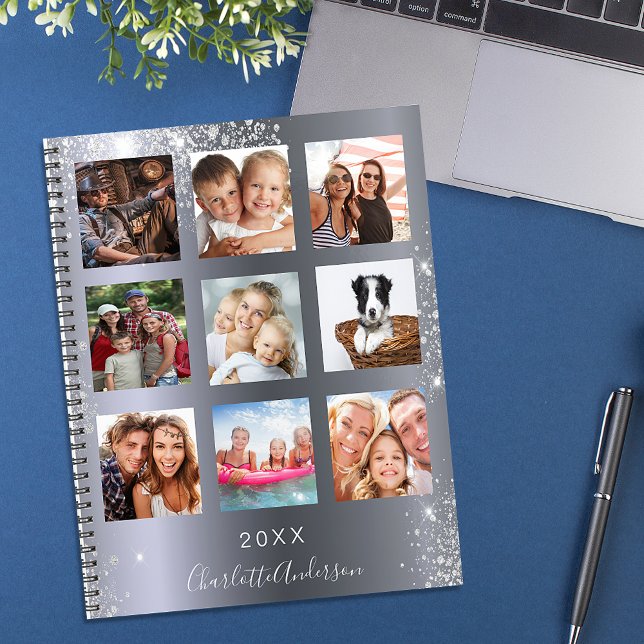 Silver glitter family photo collage monogram 2023 planner (Creator Uploaded)