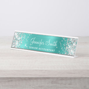 Silver Glitter Faux Bright Turquoise Foil Desk Name Plate