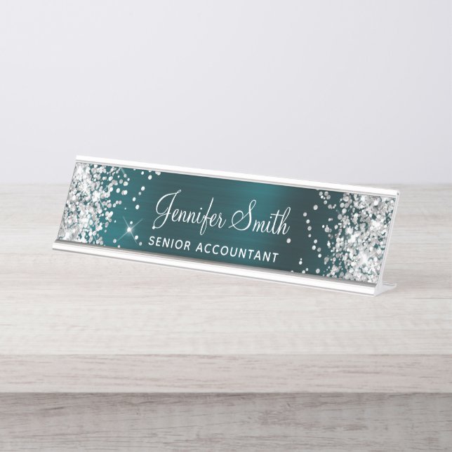 Silver Glitter Faux Dark Turquoise Foil Desk Name Plate (Front)