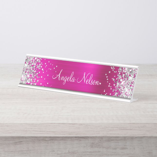 Silver Glitter Faux Hot Pink Foil Desk Name Plate (Front)