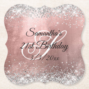 Silver Glitter Faux Rose Gold Foil 21st Birthday Paper Coaster