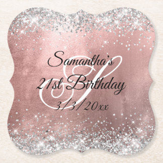 Silver Glitter Faux Rose Gold Foil 21st Birthday Paper Coaster