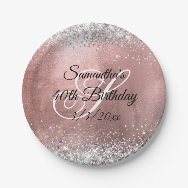 Silver Glitter Faux Rose Gold Foil 40th Birthday Paper Plate (Front)