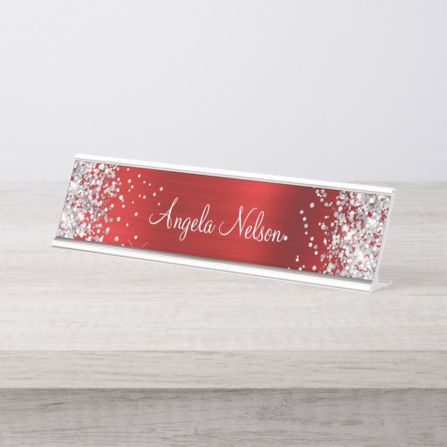 Silver Glitter Faux Ruby Red Foil Desk Name Plate (Front)