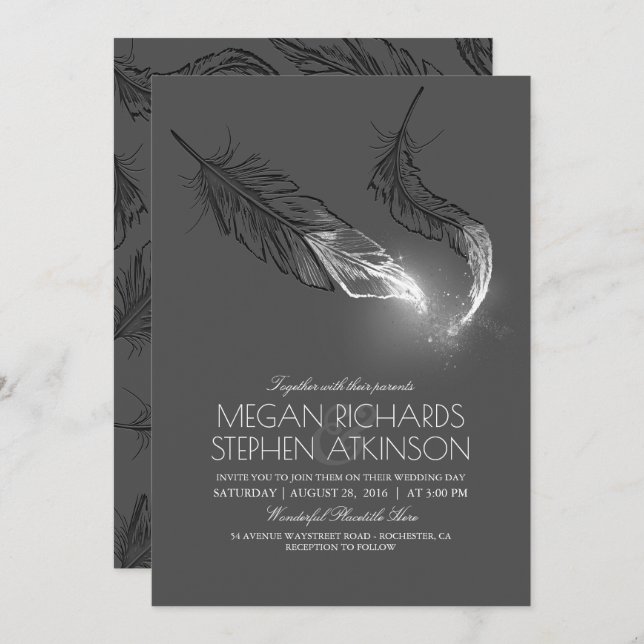 Silver Glitter Feathers Elegant Modern Wedding Invitation (Front/Back)
