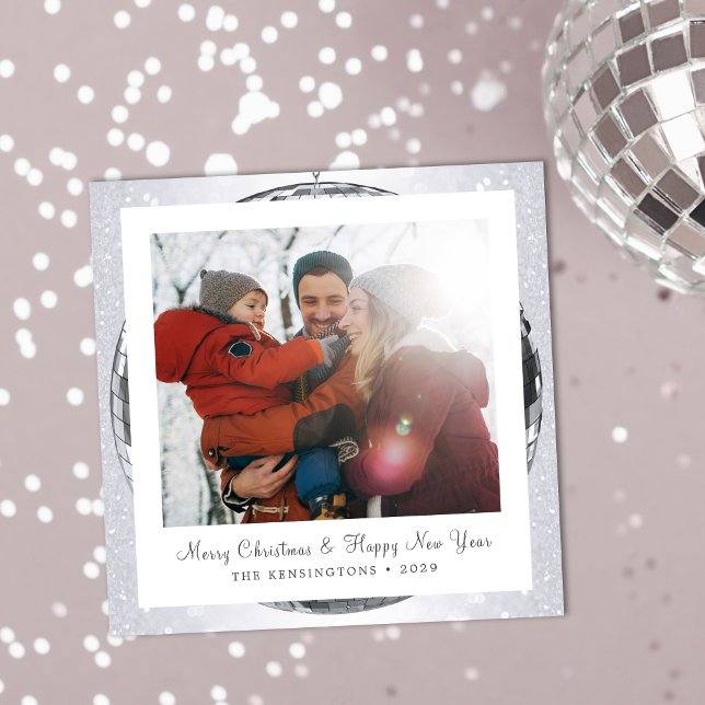  Silver Glitter Festive Winter Family Holiday Card (Shimmering Disco Ball Snowflake Family Christmas Holiday Card)