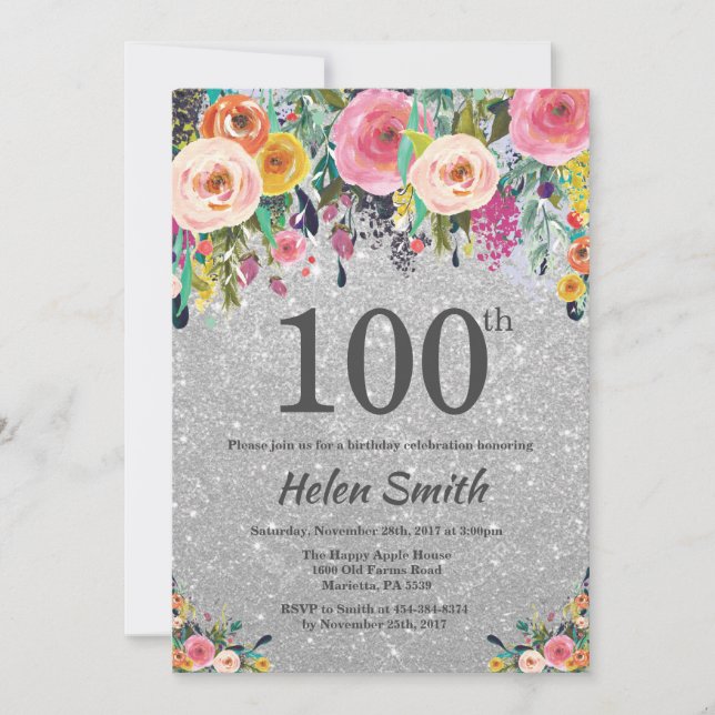 Silver Glitter Floral 100th Birthday Invitation (Front)