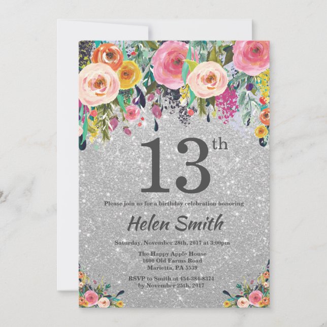 Silver Glitter Floral 13th Birthday Invitation (Front)