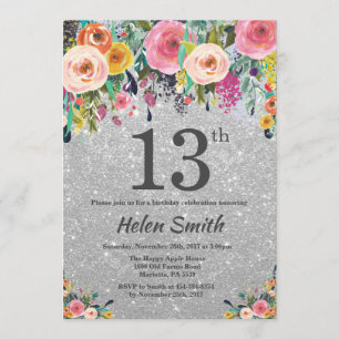 Silver Glitter Floral 13th Birthday Invitation