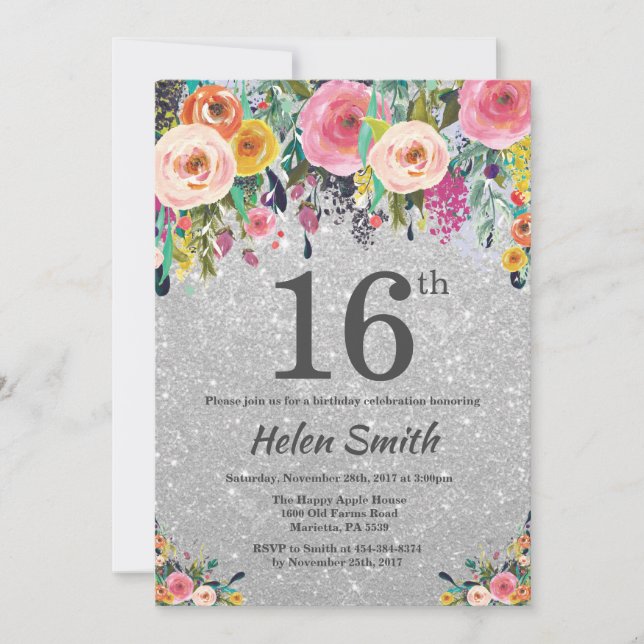 Silver Glitter Floral 16th Birthday Invitation (Front)