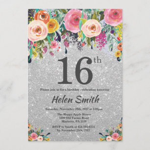Silver Glitter Floral 16th Birthday Invitation