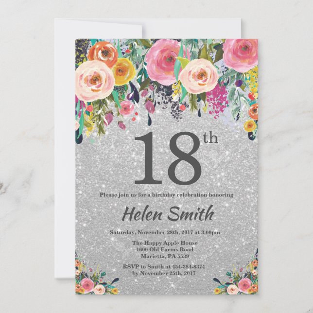 Silver Glitter Floral 18th Birthday Invitation (Front)