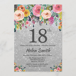 Silver Glitter Floral 18th Birthday Invitation