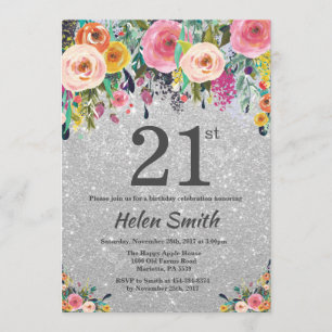 Silver Glitter Floral 21st Birthday Invitation