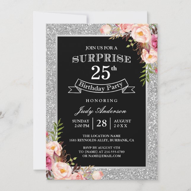 Silver Glitter Floral 25th Surprise Birthday Party Invitation (Front)