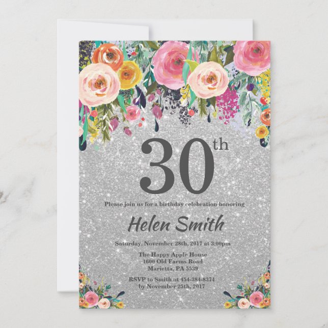 Silver Glitter Floral 30th Birthday Invitation (Front)