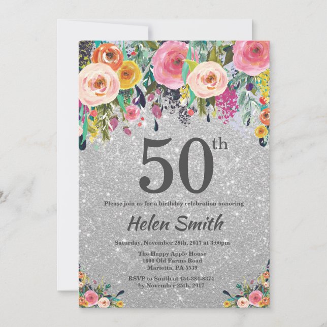 Silver Glitter Floral 50th Birthday Invitation (Front)