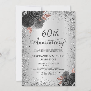 Silver Glitter Floral 60th Wedding Anniversary Invitation