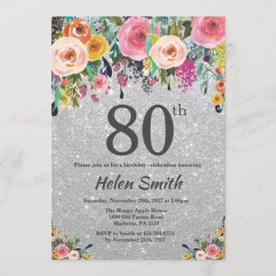 Silver Glitter Floral 80th Birthday Invitation