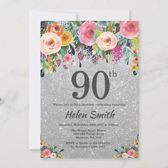 Silver Glitter Floral 90th Birthday Invitation (Front)