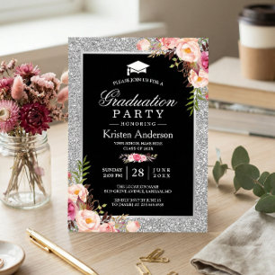 Silver Glitter Floral Photo Graduation Party Invitation