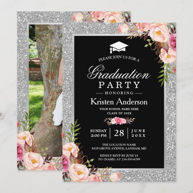 Silver Glitter Floral Photo Graduation Party Invitation (Front/Back)