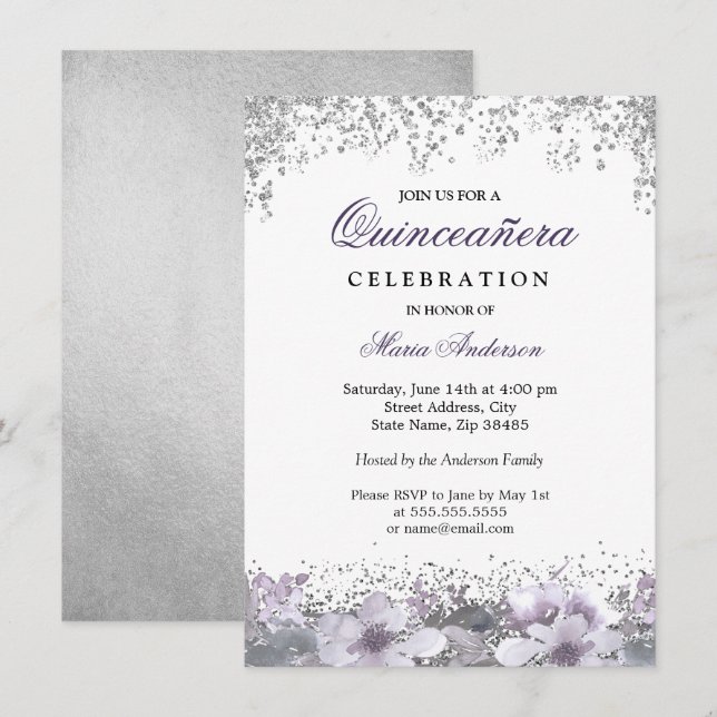 Silver Glitter Floral Purple Quinceanera Invite (Front/Back)