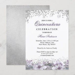 Silver Glitter Floral Purple Quinceanera Invite