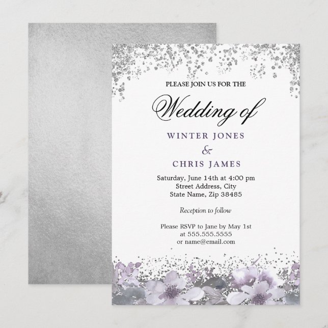 Silver Glitter Floral Purple Wedding Invitation (Front/Back)