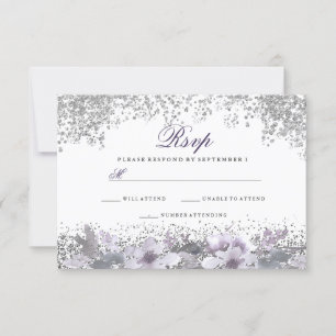 Silver Glitter Floral Purple Wedding RSVP