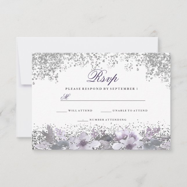 Silver Glitter Floral Purple Wedding RSVP Card (Front)