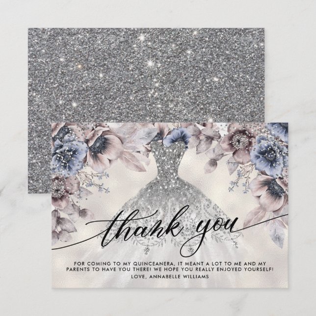 Silver Glitter Floral Quinceañera Thank You Card (Front/Back)