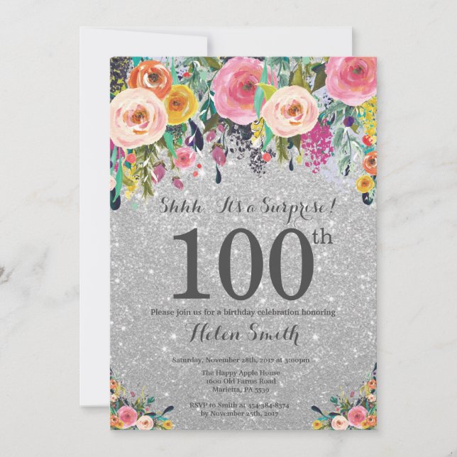 Silver Glitter Floral Surprise 100th Birthday Invitation (Front)