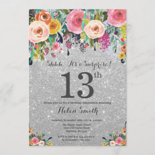 Silver Glitter Floral Surprise 13th Birthday Invitation