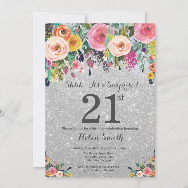 Silver Glitter Floral Surprise 21st Birthday Invitation (Front)