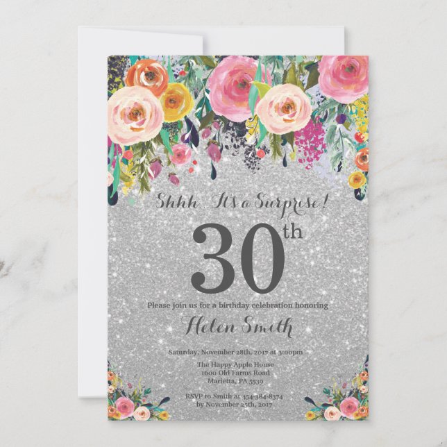 Silver Glitter Floral Surprise 30th Birthday Invitation (Front)