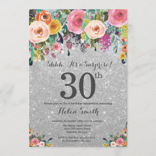 Silver Glitter Floral Surprise 30th Birthday Invitation