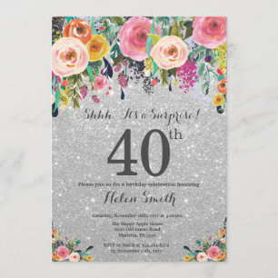 Silver Glitter Floral Surprise 40th Birthday Invitation