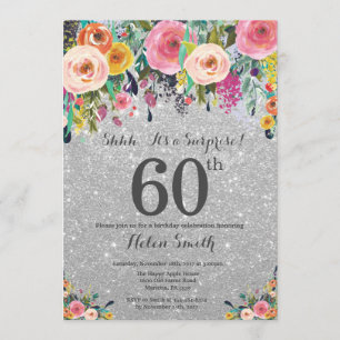 Silver Glitter Floral Surprise 60th Birthday Invitation