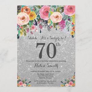 Silver Glitter Floral Surprise 70th Birthday Invitation