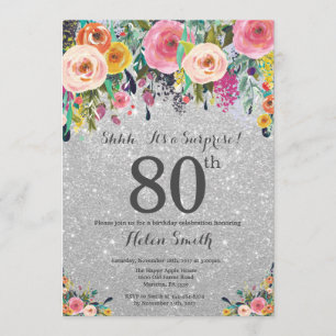 Silver Glitter Floral Surprise 80th Birthday Invitation