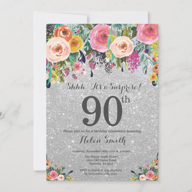 Silver Glitter Floral Surprise 90th Birthday Invitation (Front)